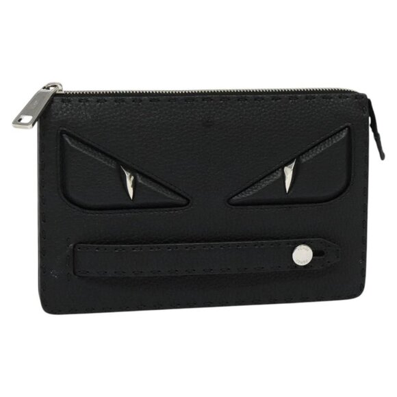 FENDI Monster Clutch Bag Leather Black Silver Auth - Picture 1 of 15